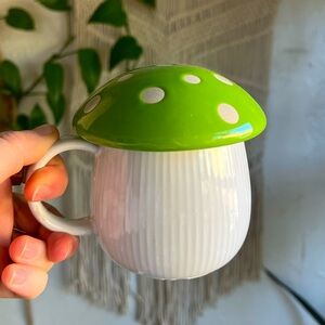 World Market Mushroom Mug with Lid - 3” Green & White Ceramic Coffee Cup
